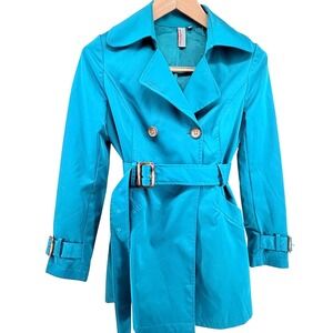 Ambition Double Breasted ablue Womens Sz Small Cropped Trench Coat Jacket Belted